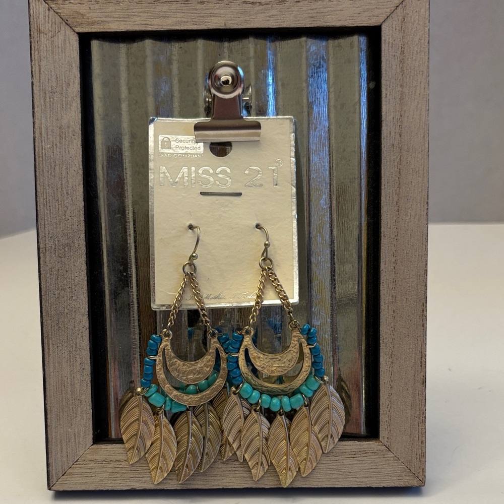 Gold and Turquoise Feather Earrings 3”